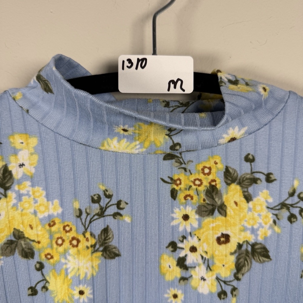 Rue 21 Y2K Top M Blue Ribbed Floral Baby Tee Crew Neck Fitted Retro 90s Casual - Picture 8 of 8